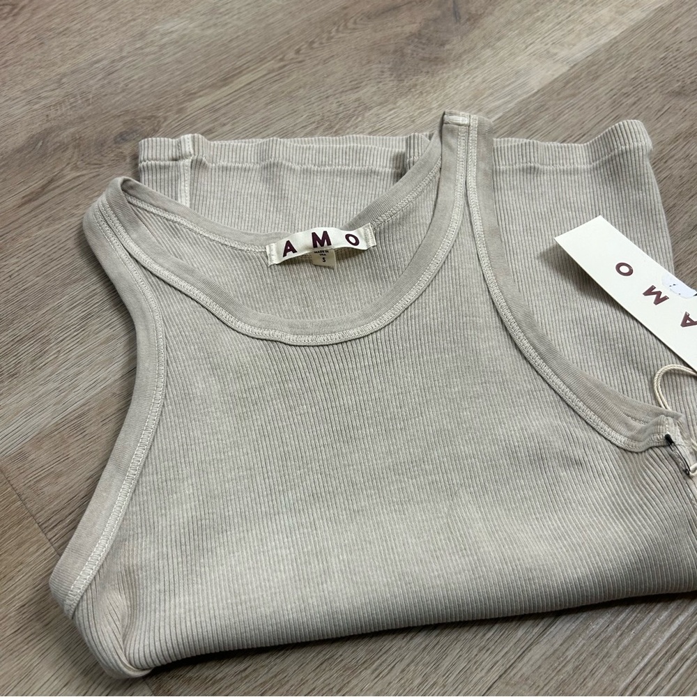 NWT AMO 100% Cotton Ribbed Scoop Neck Tan Tank Top - Picture 2 of 10